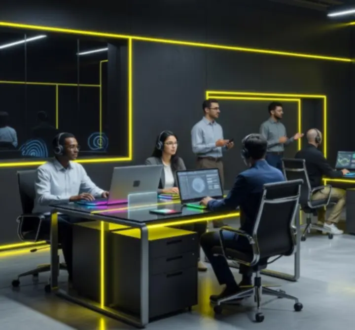 Modern dark workspace with neon highlights representing LeadHeaven work environment
