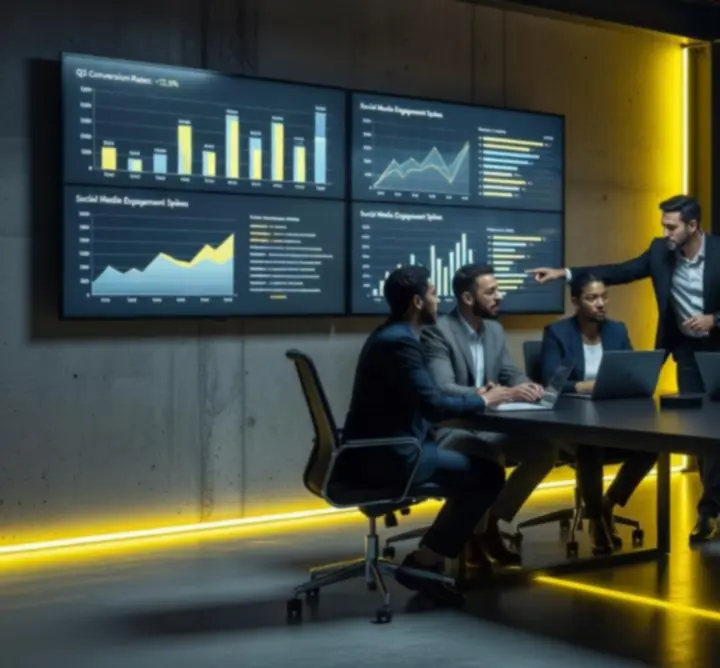 A typical performance marketing day inside LeadHeaven with screens, dashboards, and collaboration.