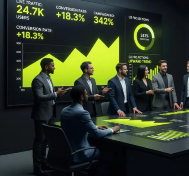 Dark analytics dashboard representing premium digital marketing services