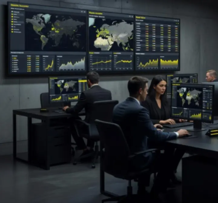 Media buying workspace with analytics dashboards and ad management interfaces